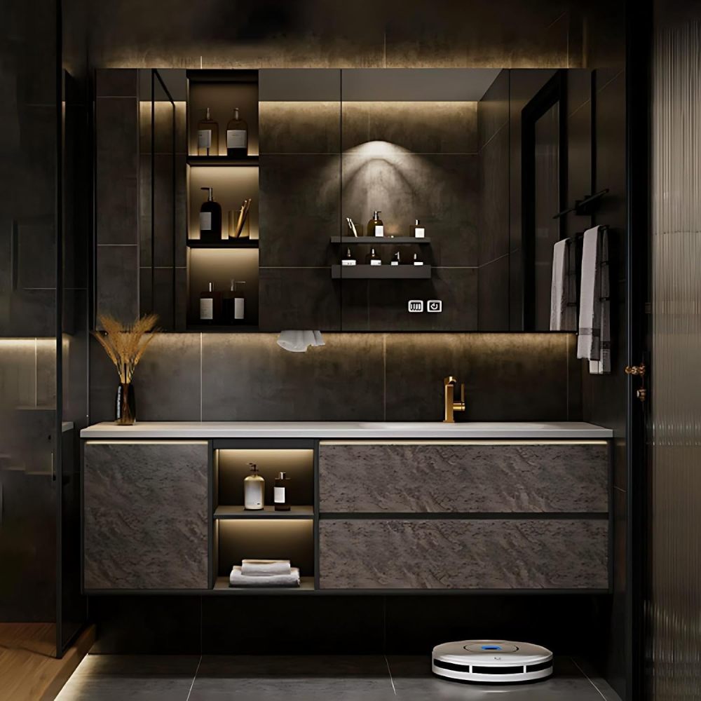 60IN Bathroom Vanity - Luxury Bathroom Vanity with Smart Defog Mirror, One-Touch Defog, Floating Bathroom Sink Cabinet with 2 Drawers & Door, No Assembly Required, Brown - Mirror Cabinet