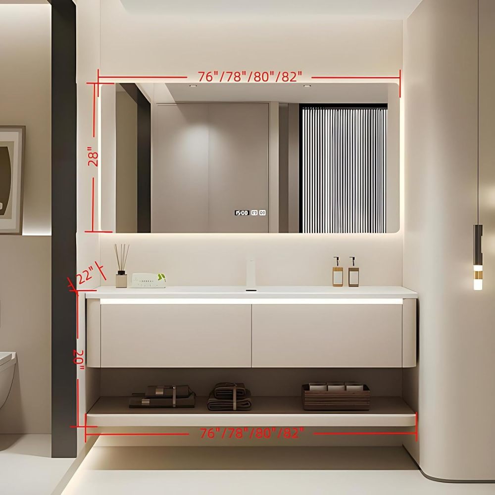 80IN Floating Bathroom Vanity Sink Set - Smart Defogging Mirror Cabinet with Light, Solid Wood Vanity with Open Storage Design, One-piece Basin, Includes Accessories, Off-White