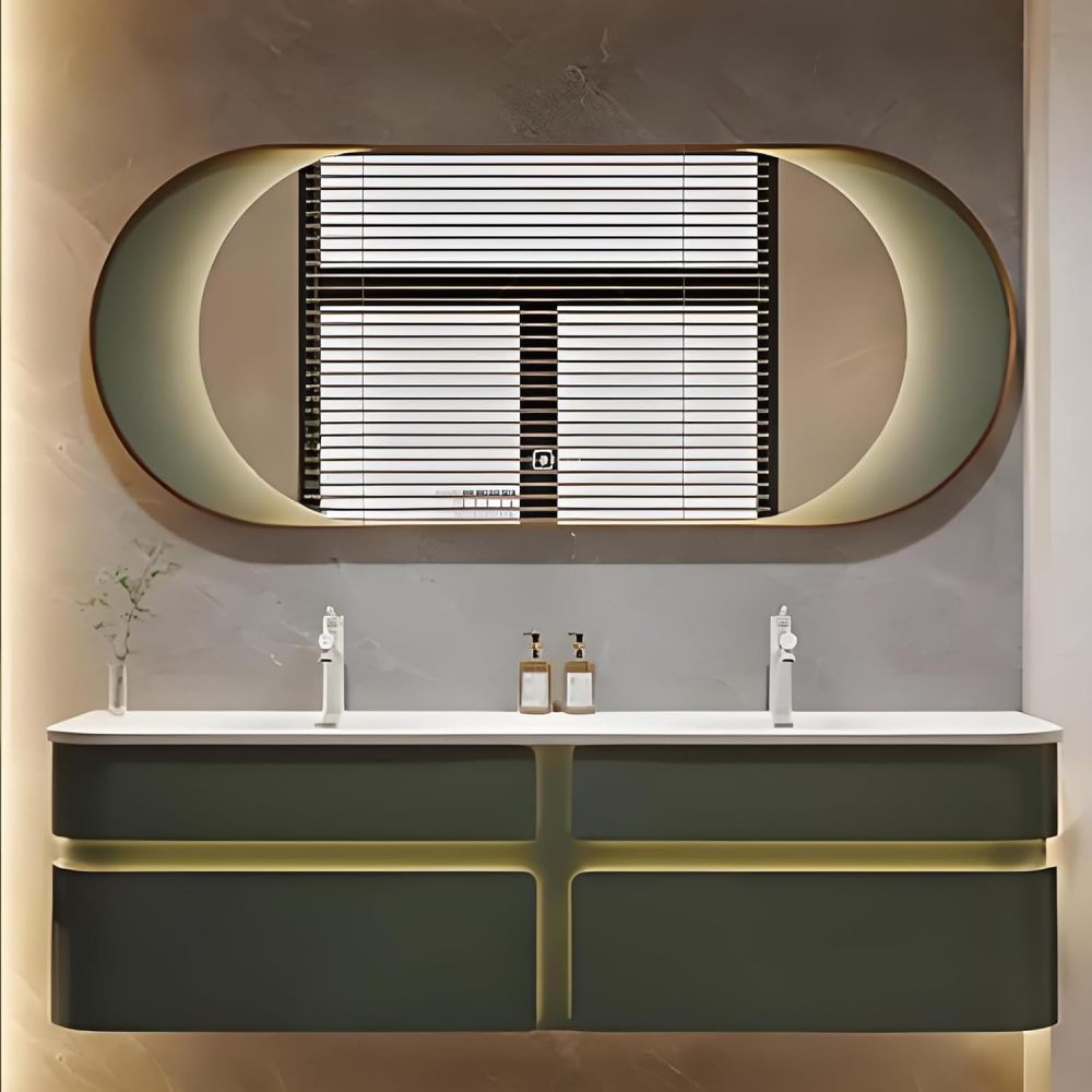 72IN Double Sink Bathroom Vanity - Modern Bathroom Vanity with Smart Light Defog Mirror, Solid Wood Vanity Cabinet with 2 Drawers, Floating Design, Green