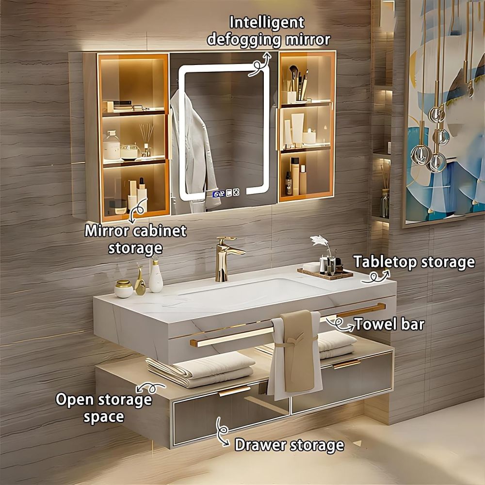 60IN Bathroom Vanity with Sink - Luxury Bathroom Vanity with Smart Defogger Mirror, One-Touch Defog & Lighting, Sink Cabinet with 2 Drawers & TowelRack, Off White - Mirror