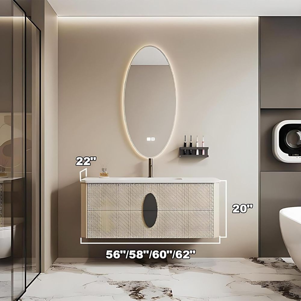 58IN Bathroom Vanity - Solid Wood Single Sink Bathroom Vanity Include Smart Oval Mirror & Defogging Function, Large Capacity Drawers, Complete Accessorie, Fully Assembled, Off-White
