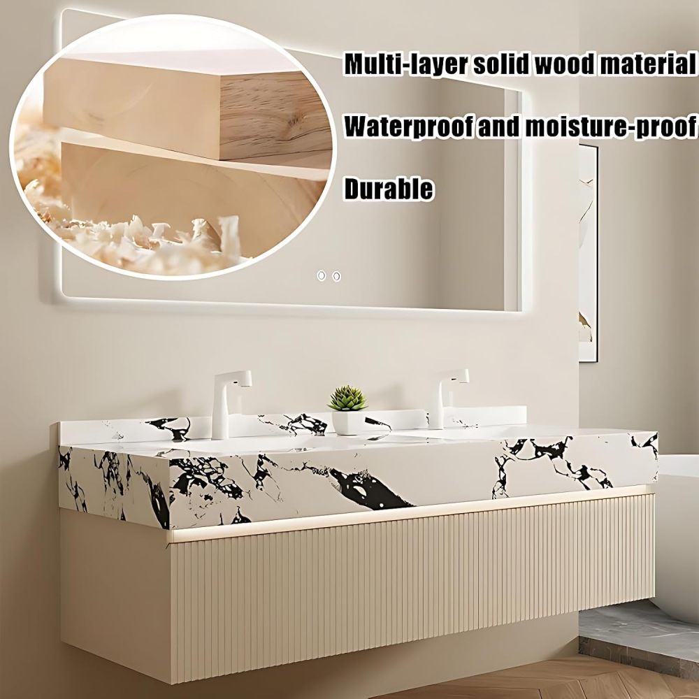 Bathroom Vanity with Sink - Double Sink Bathroom Vanity & Smart Defog Mirror Set | Wall Mount | Multi-Layer Solid Wood Material | Dual Zone Design (100")
