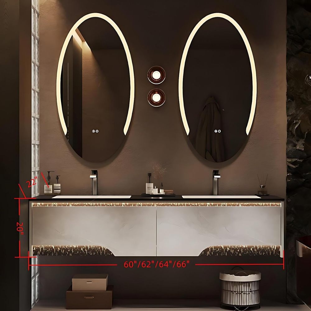 66IN Double Sink Bathroom Vanity - Floating Solid Wood Sink Cabinet, Two Oval Defog Mirrors & Integrated Sink Countertop, Bathroom Vanity with Light, Includes Accessories, Modern White