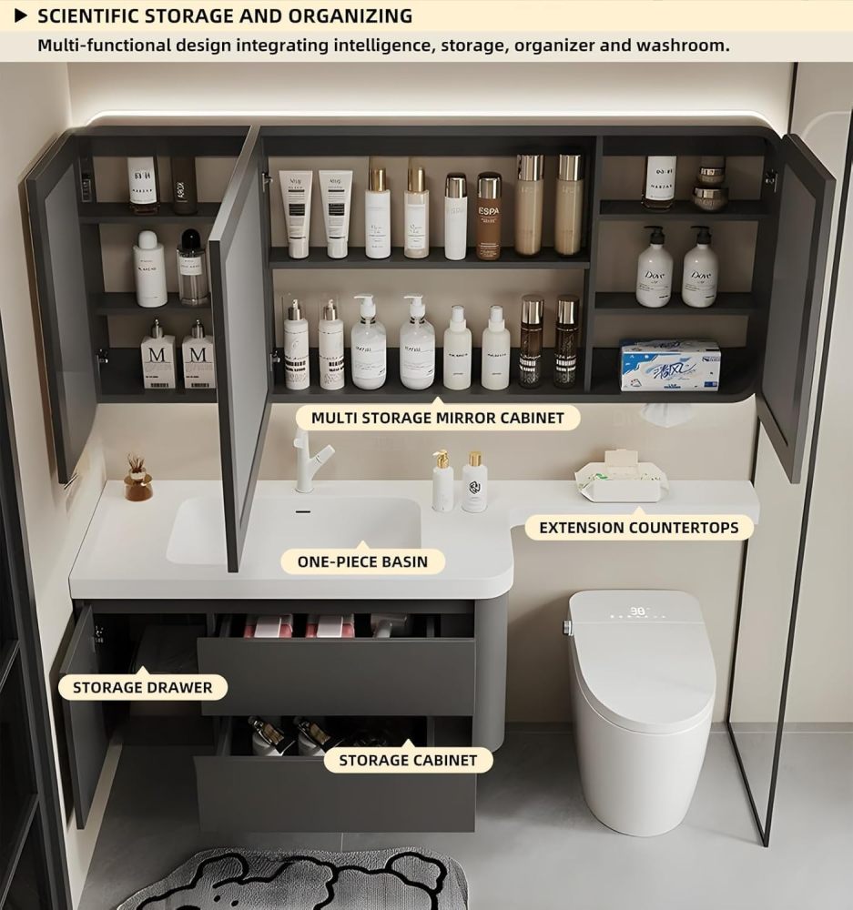 98IN Floating Bathroom Vanity with Sink - Modern Sink Set with Smart Defog Mirror Cabinet & Extended Countertop, Large Storage Space & Soft Closing Doors, Includes Accessories, Grey