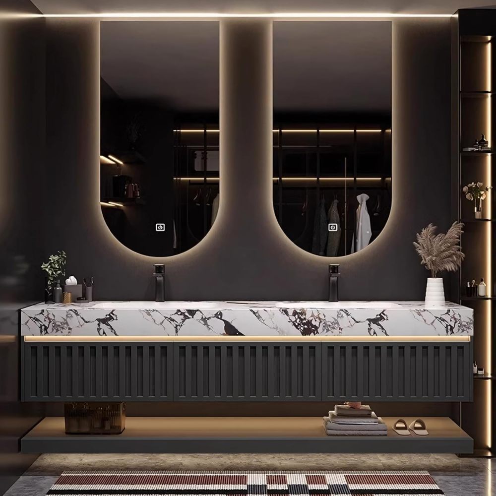 96IN Bathroom Vanity Double Sink - Modern Solid Wood Vanity with Smart Defog LED Mirrors, Luxury Bath Sink Cabinet with Drawers, Integrated Marble Countertop, Includes Accessories, Black
