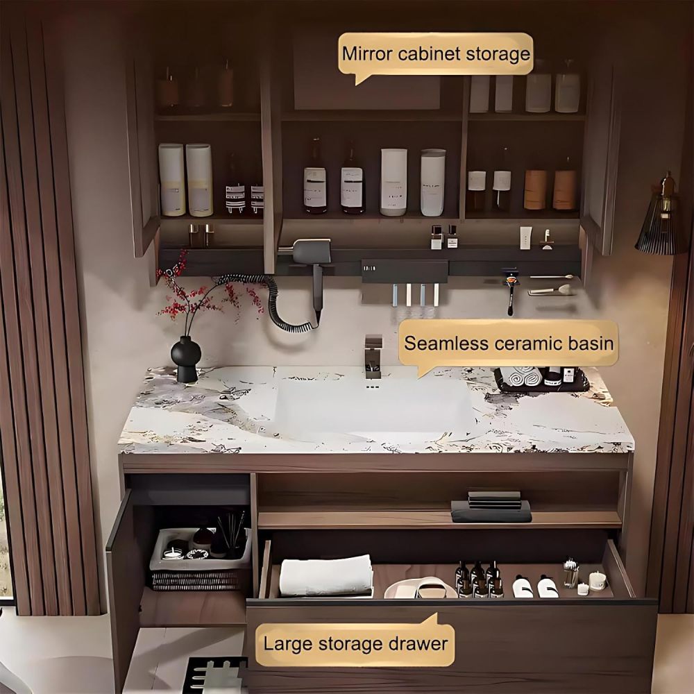 94IN Bathroom Vanity with Sink - Modern Bathroom Vanity with Smart Defog Mirror, Solid Wood Sink Cabinet with Multiple Storage Areas, Complete Accessories, No Assembly Required