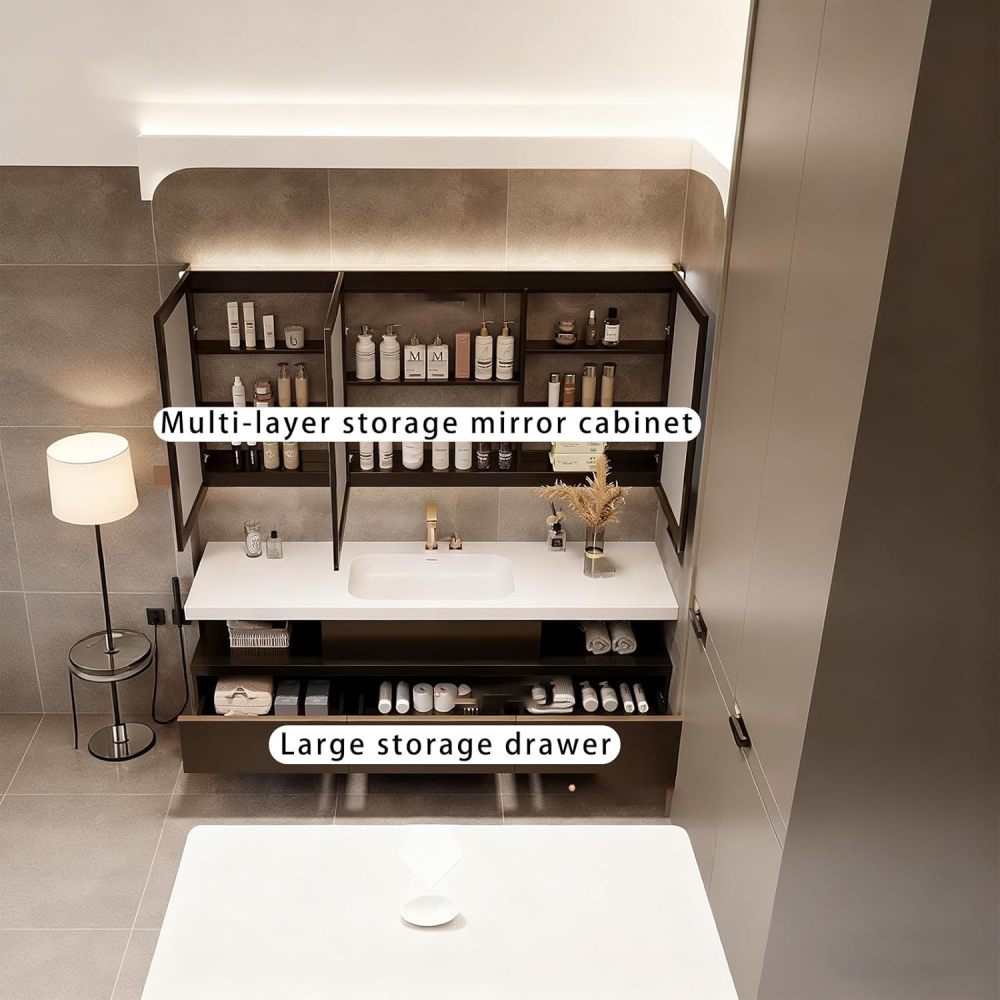 72IN Bathroom Vanity with Sink - Solid Wood Wall-Mounted Single Sink Vanity with Storage, Stylish Bathroom Cabinet, Fully Assembled
