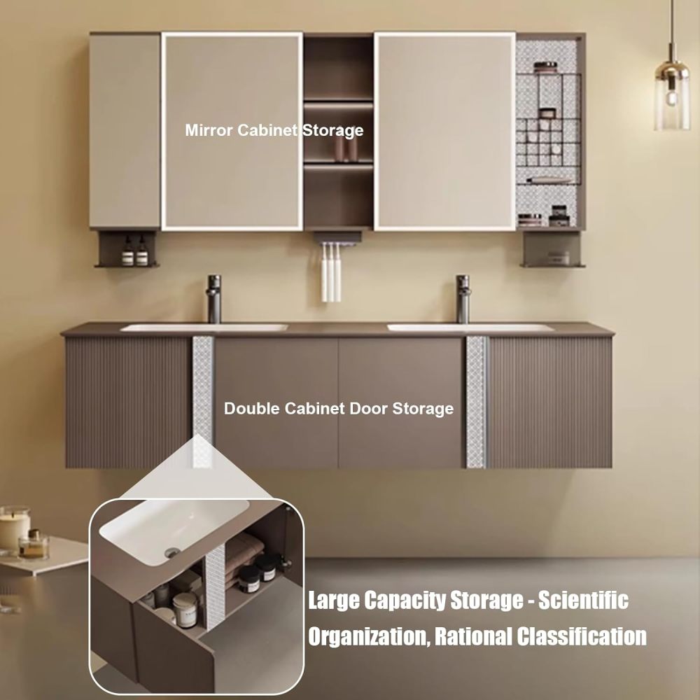 88IN Double Sink Bathroom Vanity - Modern Bathroom Vanity with Smart Defog Mirror, Simple Sink Cabinet with 2 Cabinet Door Storage, No Assembly Required