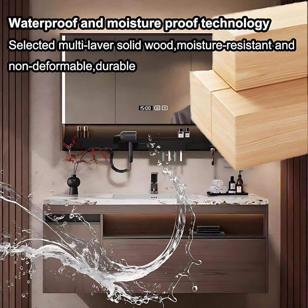 94IN Bathroom Vanity with Sink - Modern Bathroom Vanity with Smart Defog Mirror, Solid Wood Sink Cabinet with Multiple Storage Areas, Complete Accessories, No Assembly Required