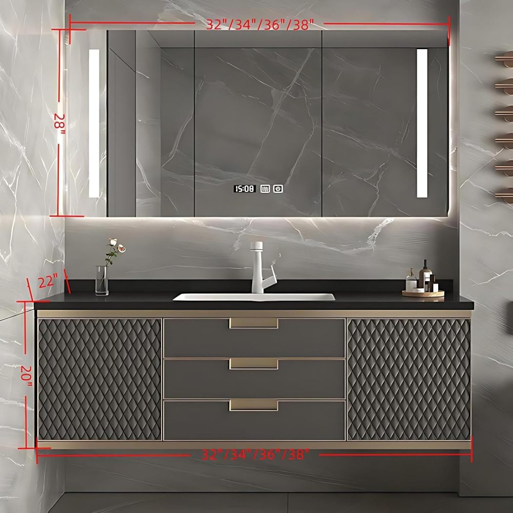 34IN Bathroom Vanity with Sink - Luxury Vanity Sink Set with LED Anti-Fog Mirror & Storage Locker, Floating Bath Vanity with One-piece Countertop, Includes Accessories, Black & Gold