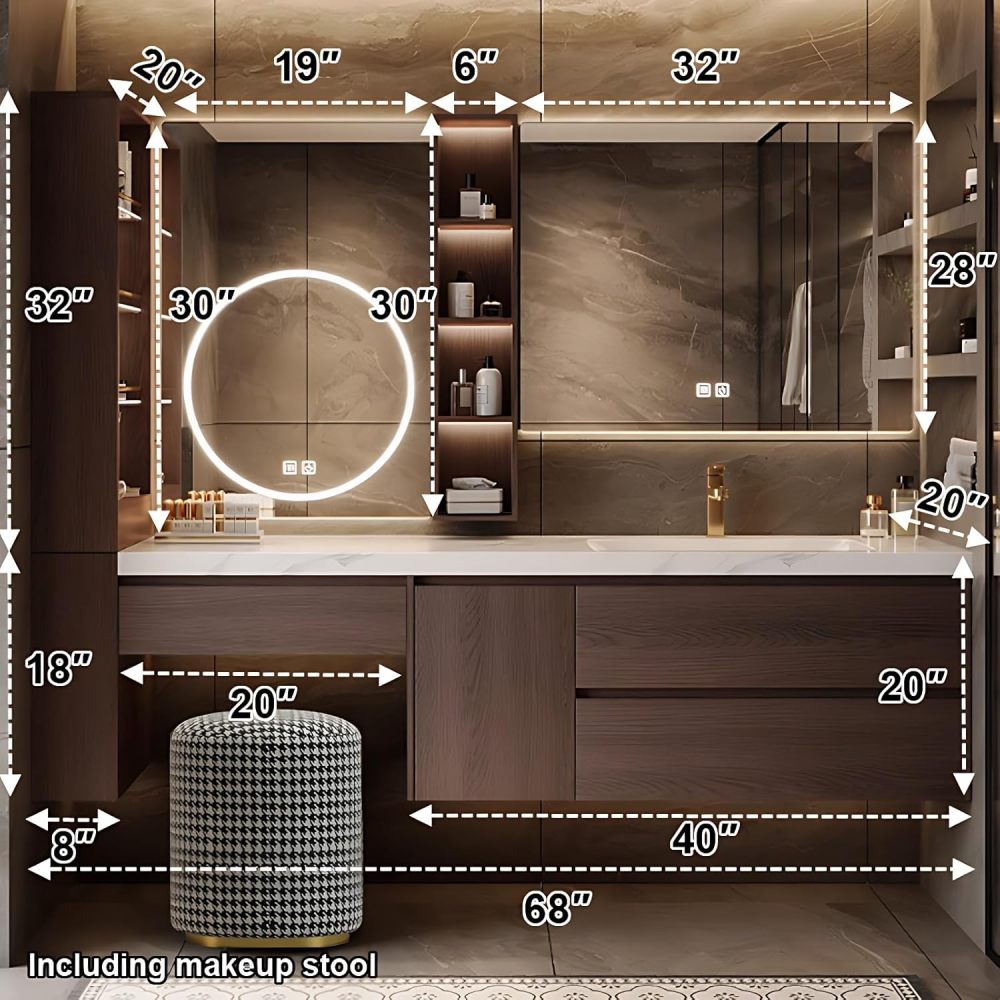 Floating Bathroom Vanity - Modern Bathroom Vanity Set with Seamless Sink & Smart LED Defog Mirror Cabinet, Wall-Mount Makeup Table with Drawers, Includes Makeup Stool (Off-White, 68IN)