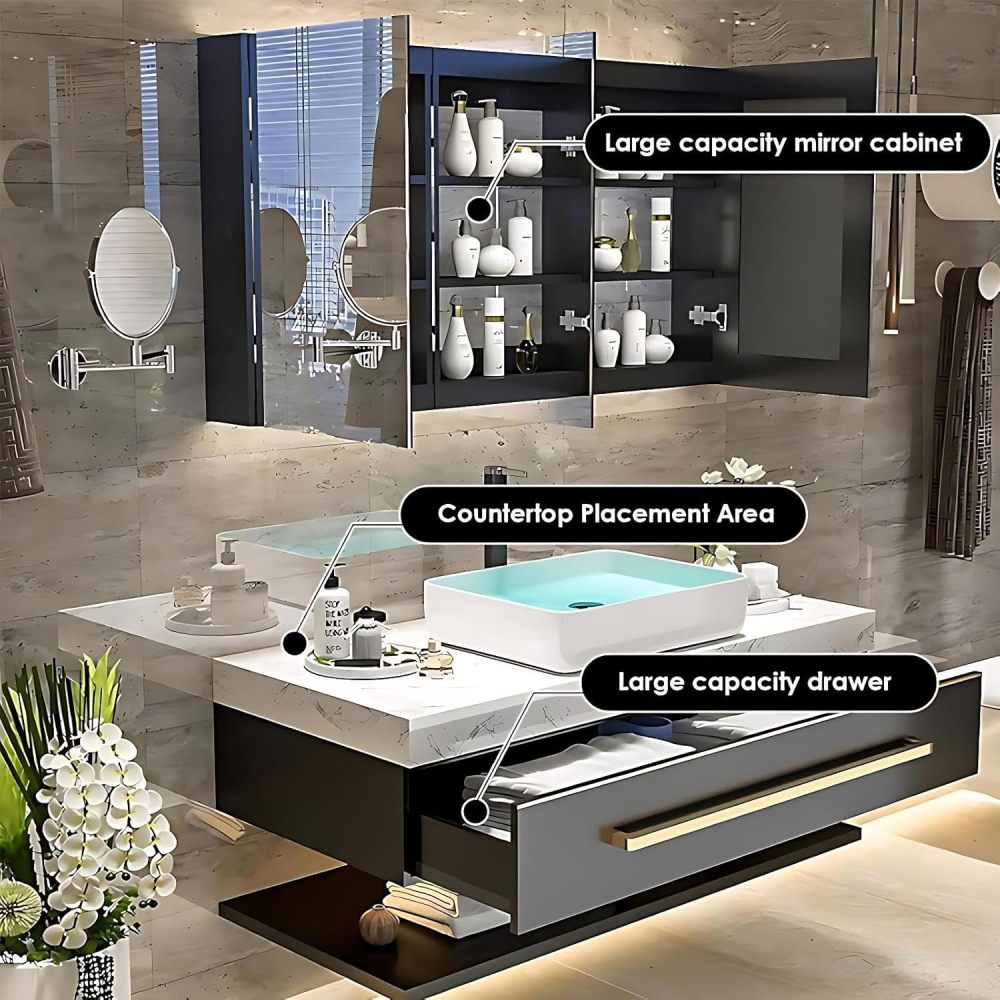 74IN Bathroom Vanity Sink Set - Bathroom Vanity with Sink, Stylish Design, Wall Mounted Floating LED Smart Defog Mirror Cabinet, Large Storage Drawer, Complete Accessorie, Black