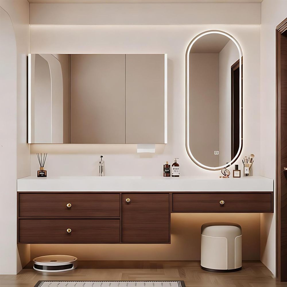 72IN Bathroom Vanity with Sink - Bathroom Vanity with Makeup Area Defog Mirror & 3 Drawers, Seamless Sink, Complete Accessories, Fully Assembled, Includes Makeup Stool, Wood