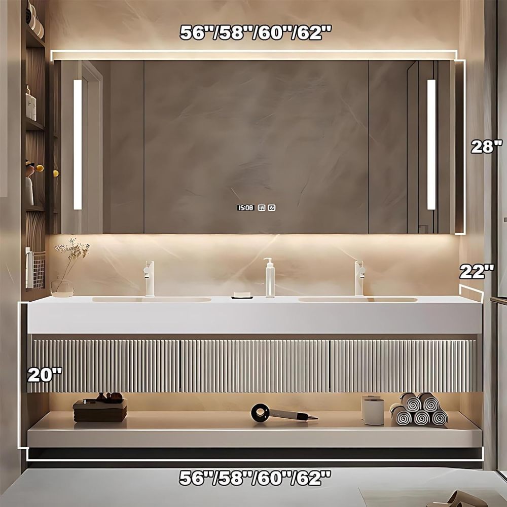 62IN Bathroom Vanity - Elegant Floating Bathroom Sink Cabinet with Smart Defog Mirror Cabinet and LED Light, Bath vanities with 3 Large Drawer, Complete Accessorie, Fully Assembled, Off-White
