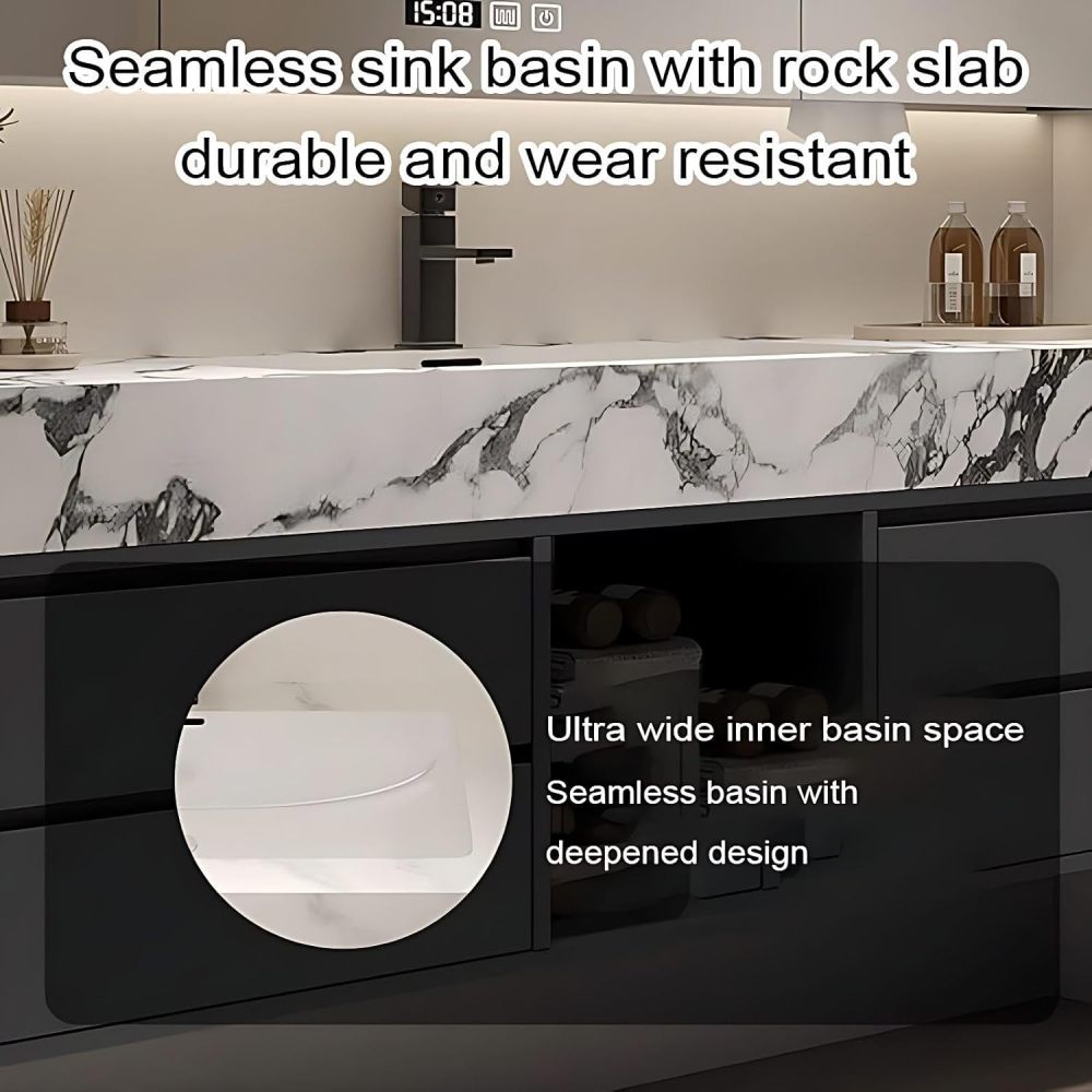 98IN Bathroom Vanity - Simple Bathroom Vanity Smart Defog Mirror & Seamless Sink, Solid Wood Sink Cabinet with 4 Drawers, Complete Accessories, No Assembly Required, Grey