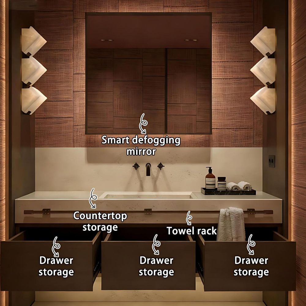 60IN Bathroom Vanity - Solid Wood Bathroom Vanity with Smart Defog Mirror, One-Touch Defog & Lighting, Floating Sink Cabinet with 3 Drawer and Towel Rack, No Assembly Required, Wood