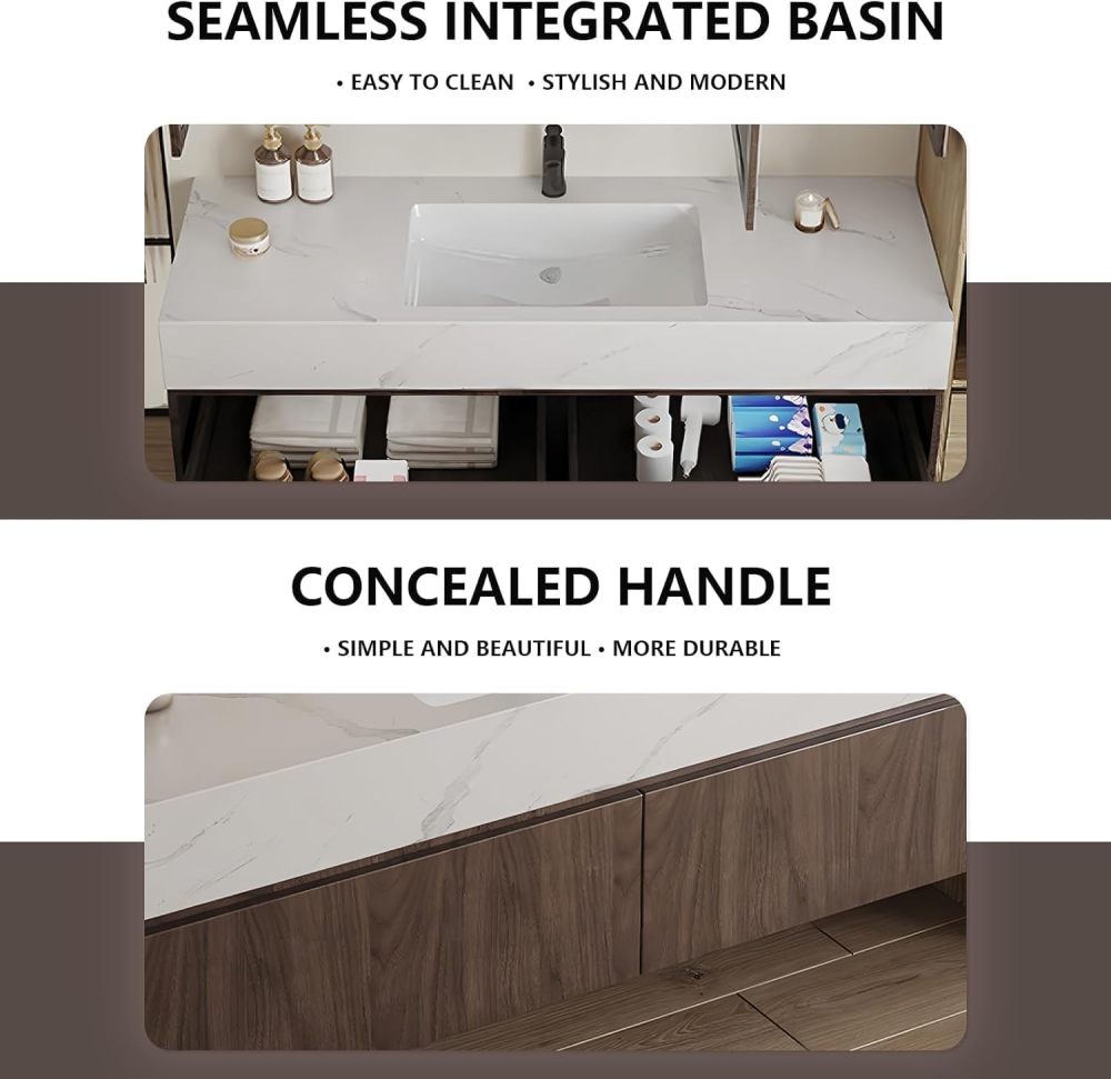 90IN Floating Bathroom Vanity with Sink - Bathroom Vanity with Thickened Countertop, Wall Mounted Cabinet with Undermount Sink, Includes Accessories, Classic Walnut