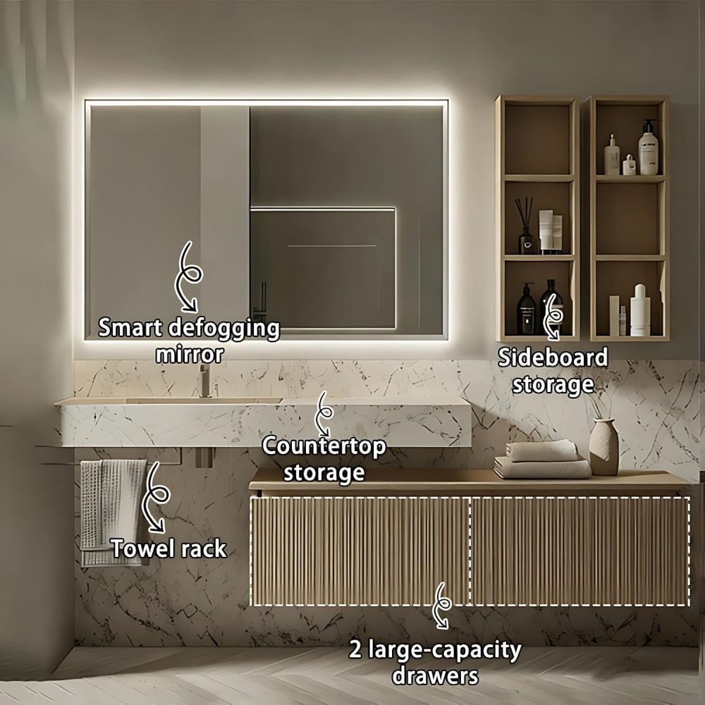 60IN Bathroom Vanity - Modern Bathroom Vanity with Smart Defog Mirror, One-Touch Defog & Lighting, Solid Wood Floating Sink Cabinet with Multiple Storage Areas, No Assembly Required