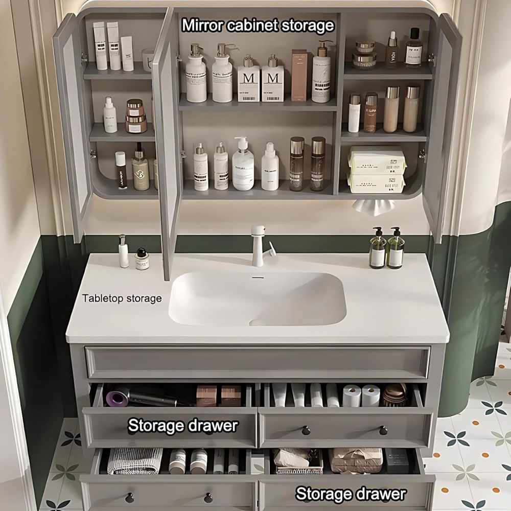 36IN Bathroom Vanity with Sink - Modern Bathroom Vanity with 4 Drawers Storage, Solid Wood Sink Cabinet with Smart Defog Mirror & Seamless Sink, No Assembly Required