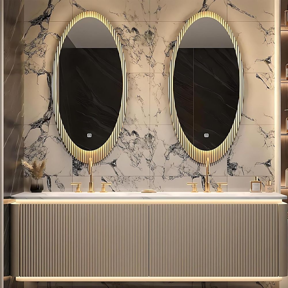 80IN Bathroom Vanity Double Sink - Luxurious Bathroom Vanity Set Includes Smart Defog Mirror with Lights, Striped Vanity Sink Cabinet, Complete Accessorie, Fully Assembled, Gold