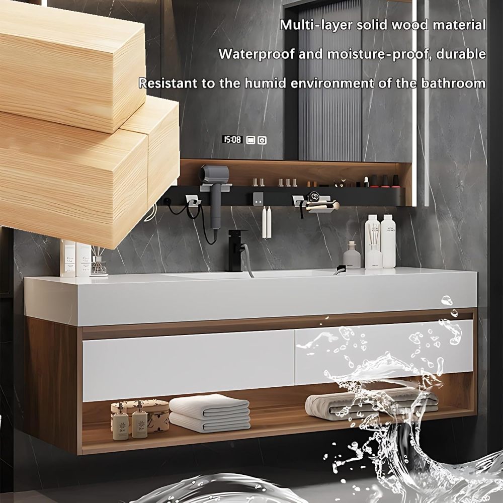Elegant Bathroom Vanity with Sink - Durable Bathroom Sink Cabinet & Intelligent Defogging LED Mirror Set | Wall Mount | Multi-Layer Solid Wood Material | Modern and Stylish Design (88")