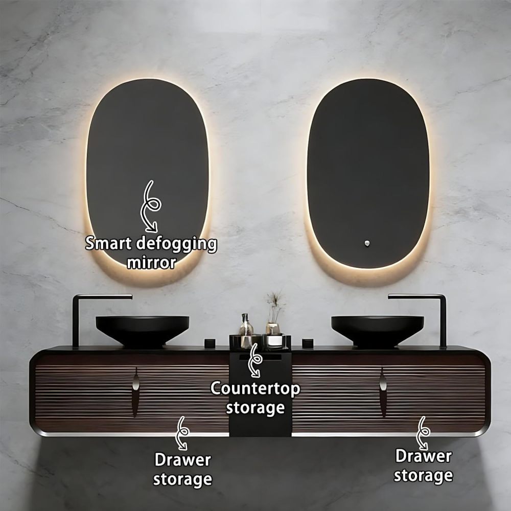 60IN Double Sink Bathroom Vanity - Luxury Bathroom Vanity with Smart Defog Mirror, One-Touch Defog & Lighting, Floating Sink Cabinet with 2 Large Capacity Drawers, No Assembly Required