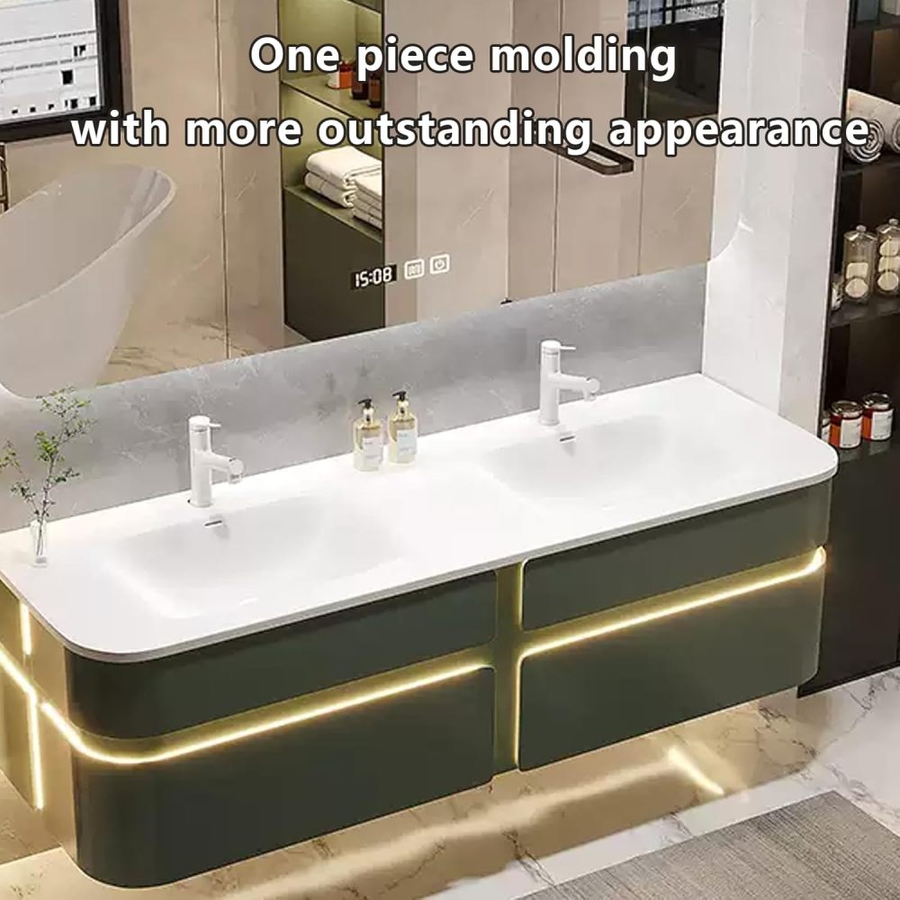 72IN Double Sink Bathroom Vanity - Modern Bathroom Vanity with Smart Light Defog Mirror, Solid Wood Vanity Cabinet with 2 Drawers, Floating Design, Green