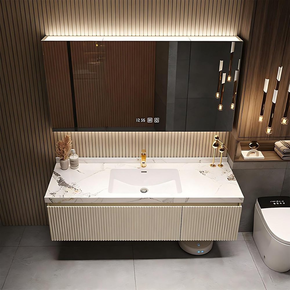 60IN Bathroom Vanity - Modern Bathroom Vanity with Anti-Fog Mirror Cabinet, One-Touch Defog & Lighting, Floating Bathroom Vanity Cabinet with Storage, Multi-Layer Solid Wood Material