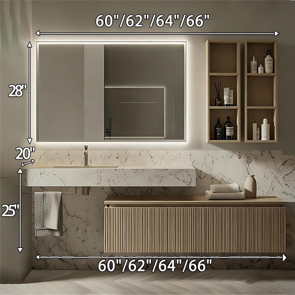 60IN Bathroom Vanity - Modern Bathroom Vanity with Smart Defog Mirror, One-Touch Defog & Lighting, Solid Wood Floating Sink Cabinet with Multiple Storage Areas, No Assembly Required