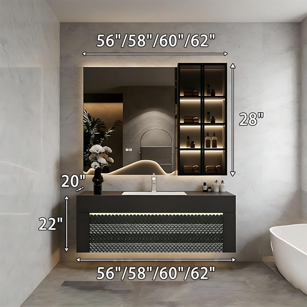 60IN Bathroom Vanity with Sink - Stylish Bathroom Vanity with Smart Defogging Mirror and Side Cabinet Storage, Sink Cabinet with 2 Drawers, Multi-Layer Solid Wood, No Assembly, Black