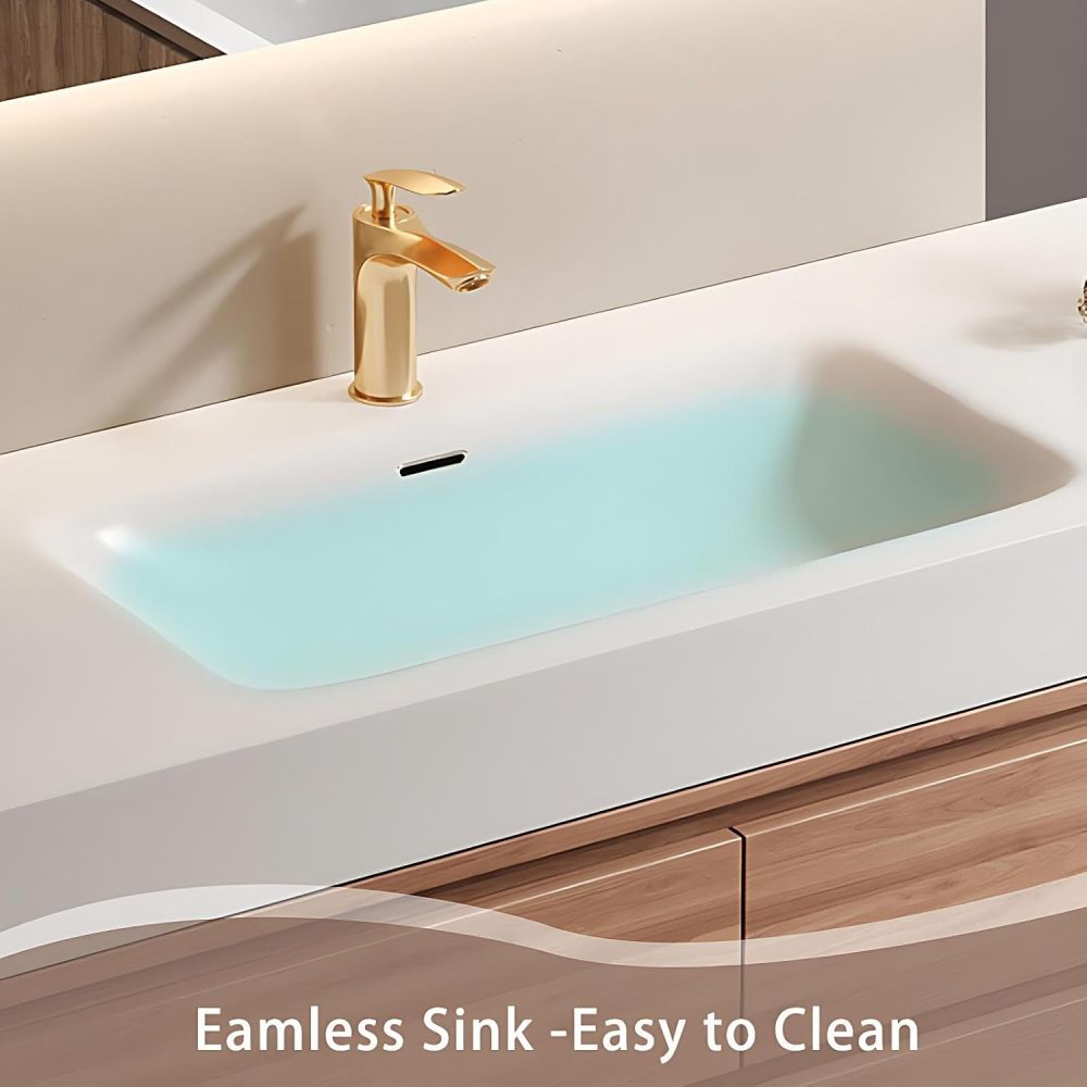 60IN Bathroom Vanity - Solid Wood Bathroom Vanity with Smart Defogger Mirror & 4 Drawers, One-Touch Defog & Lighting, Sink Cabinet with One-Piece Sink, Wood - Mirror Cabinet