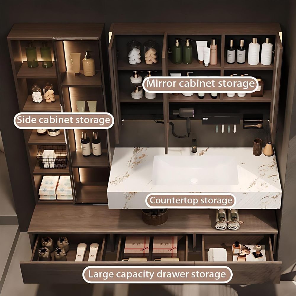 72IN Bathroom Vanity with Sink - Bathroom Vanity Set with Anti-Fog LED Mirror, Solid Wood Sink Cabinet, Seamless Basin, Waterproof Finish, Fully Assembled, Complete Accessories, A