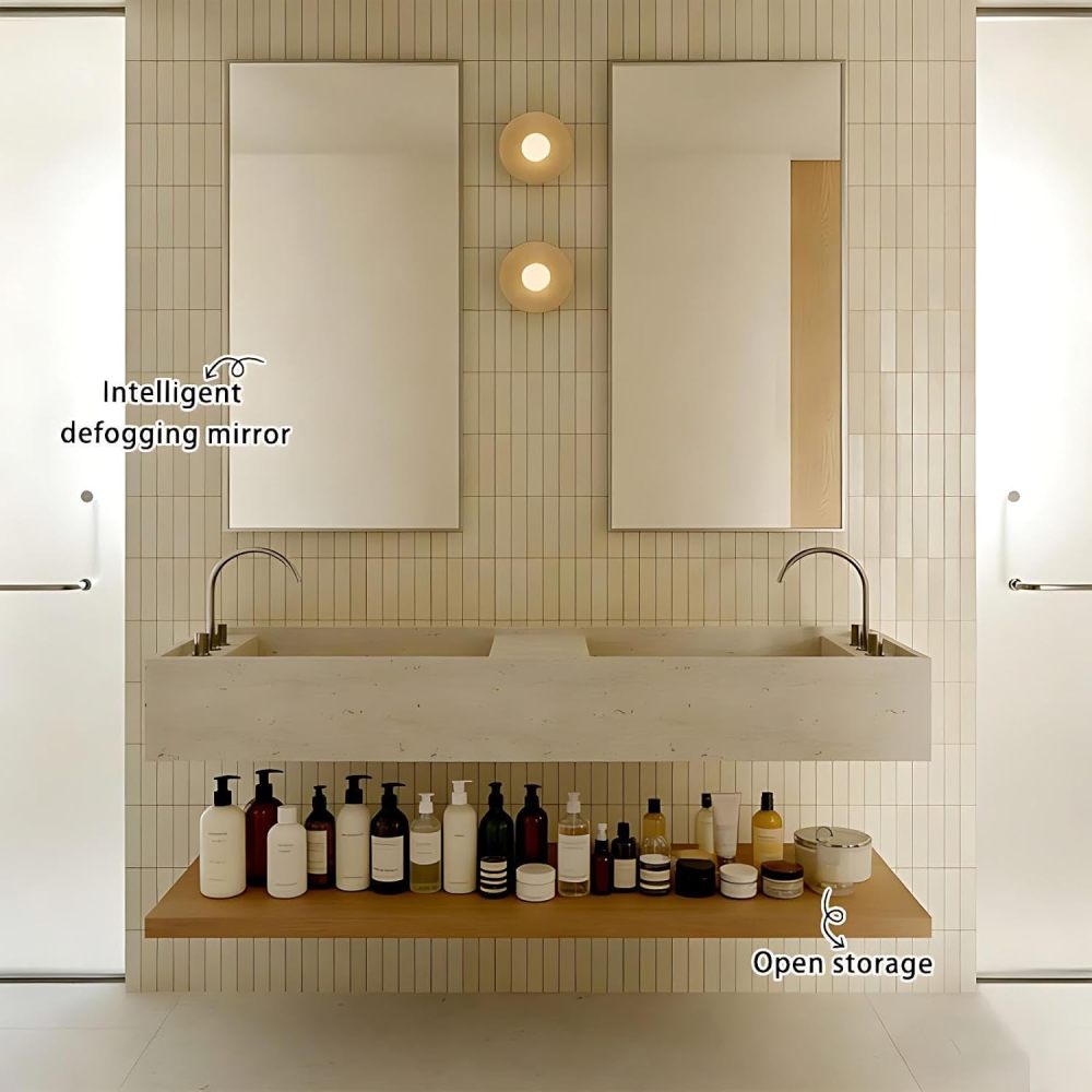 60IN Double Sink Bathroom Vanity - Simple Bathroom Vanity with Smart Defogging Mirror, One-Touch Defog & Lighting, Sink Cabinet with Open Shelving, Complete Accessories, Off-White