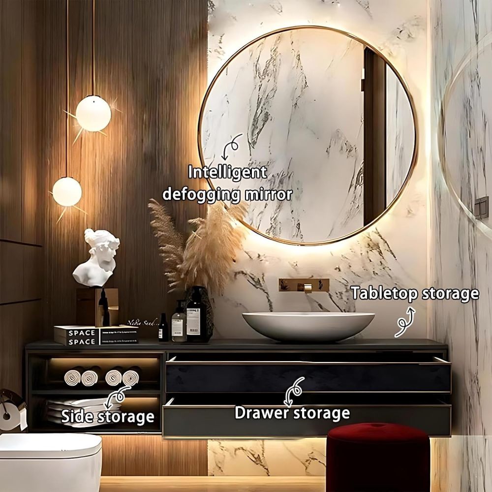 60IN Bathroom Vanity - Luxury Bathroom Vanity with Smart Defogger Mirror, Sink Cabinet with Multiple Storage Areas, Countertop Sink, No Assembly Required, Grey