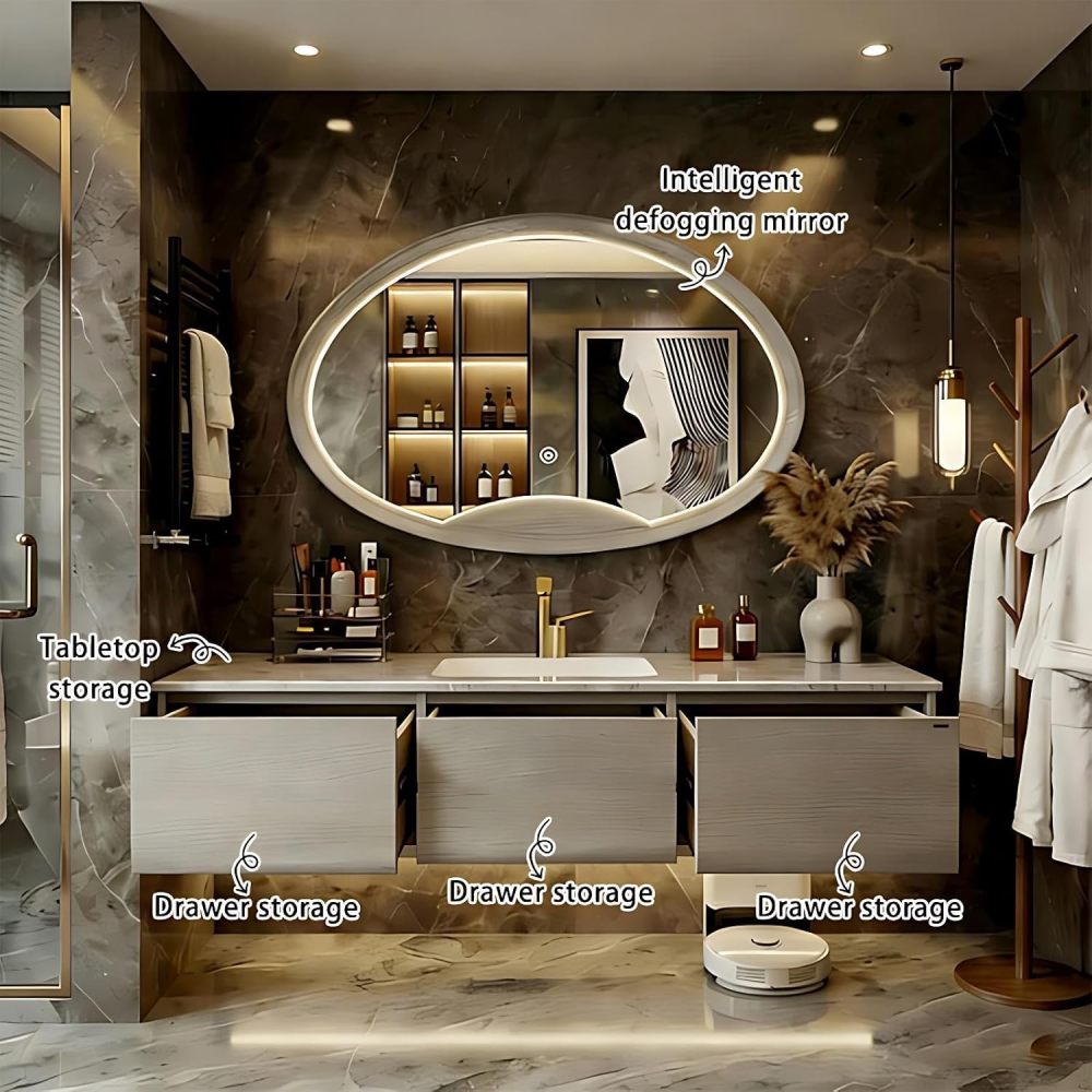60IN Bathroom Vanity - Bathroom Vanity with Smart Defog Mirror, One-Touch Defog & Lighting, Floating Sink Cabinet with 3 Drawers, Multi-Layer Solid Wood, Wood