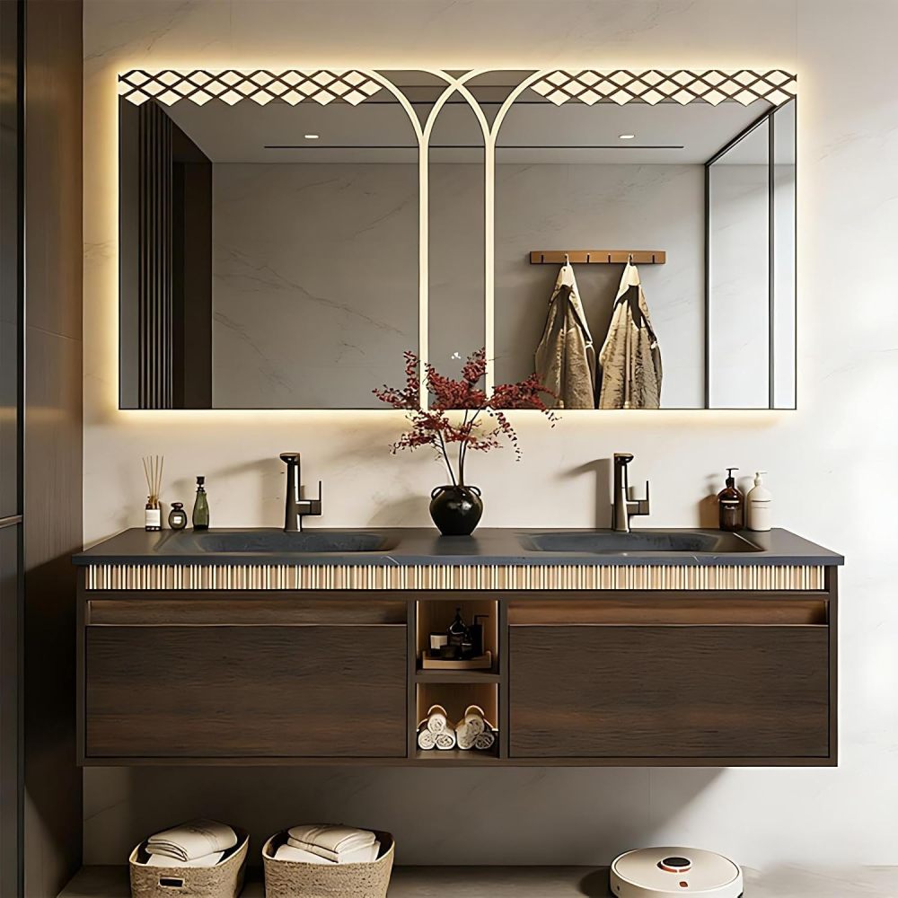 60IN Double Sink Bathroom Vanity - Luxury Bathroom Vanity with Smart Defogger Mirror, One-Touch Defog & Lighting, Sink Cabinet with 2 Drawers & Open Storage Compartments, Wood