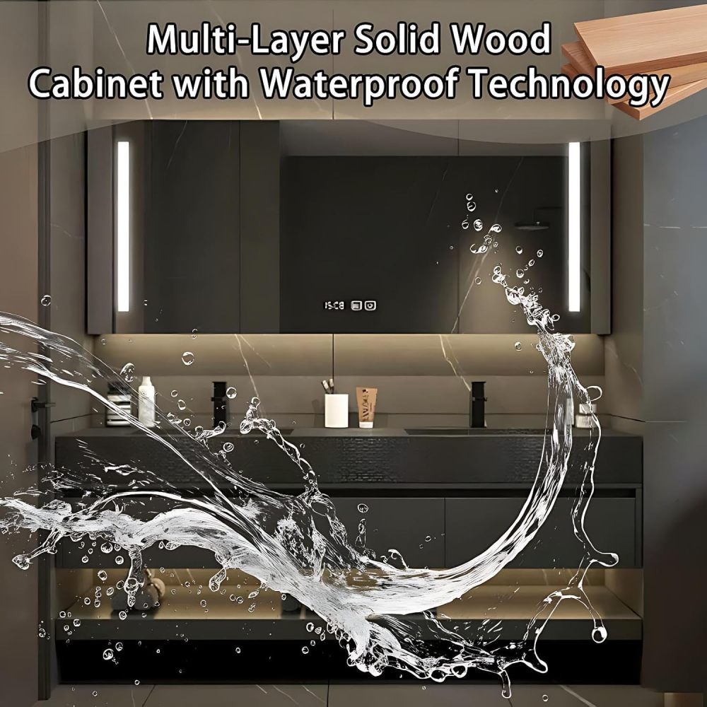60IN Double Sink Bathroom Vanity - Modern Bathroom Vanity with Anti-Fog Mirror Cabinet, One-Touch Defog & Lighting, Sink Cabinet with 3 Drawers & Open Storage Space, Black