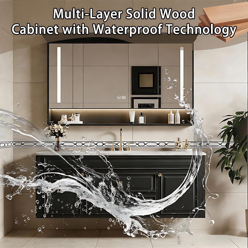 60IN Bathroom Vanity with Sink - Solid Wood Bathroom Vanity with Anti-Fog Mirror Cabinet, One-Touch Defog & Lighting, Sink Cabinet with 2 Drawers & 2 Doors, Black