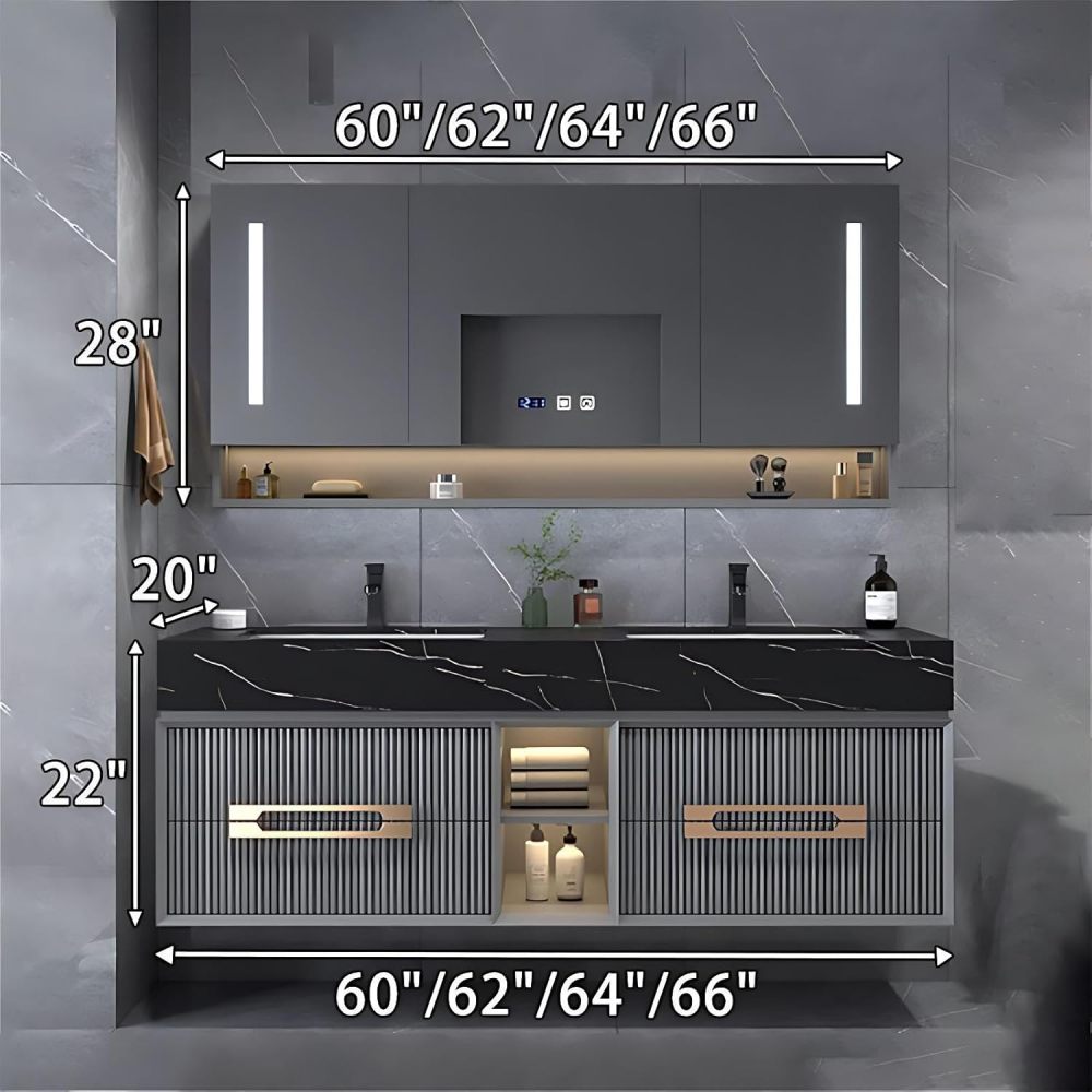 60IN Double Sink Bathroom Vanity - Luxury Bathroom Vanity with Anti-Fog Mirror Cabinet, One-Touch Defog & Lighting, Sink Cabinet with 4 Drawers & Open Storage Space, Grey