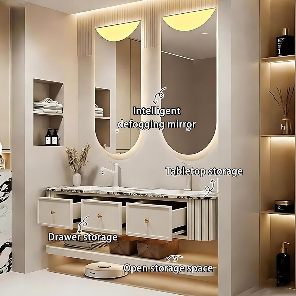 60IN Double Sink Bathroom Vanity - Floating Bathroom Vanity with 2 Smart Defogger Mirror, One-Touch Defog & Lighting, Sink Cabinet with 3 Drawers & Open Storage Space, Black