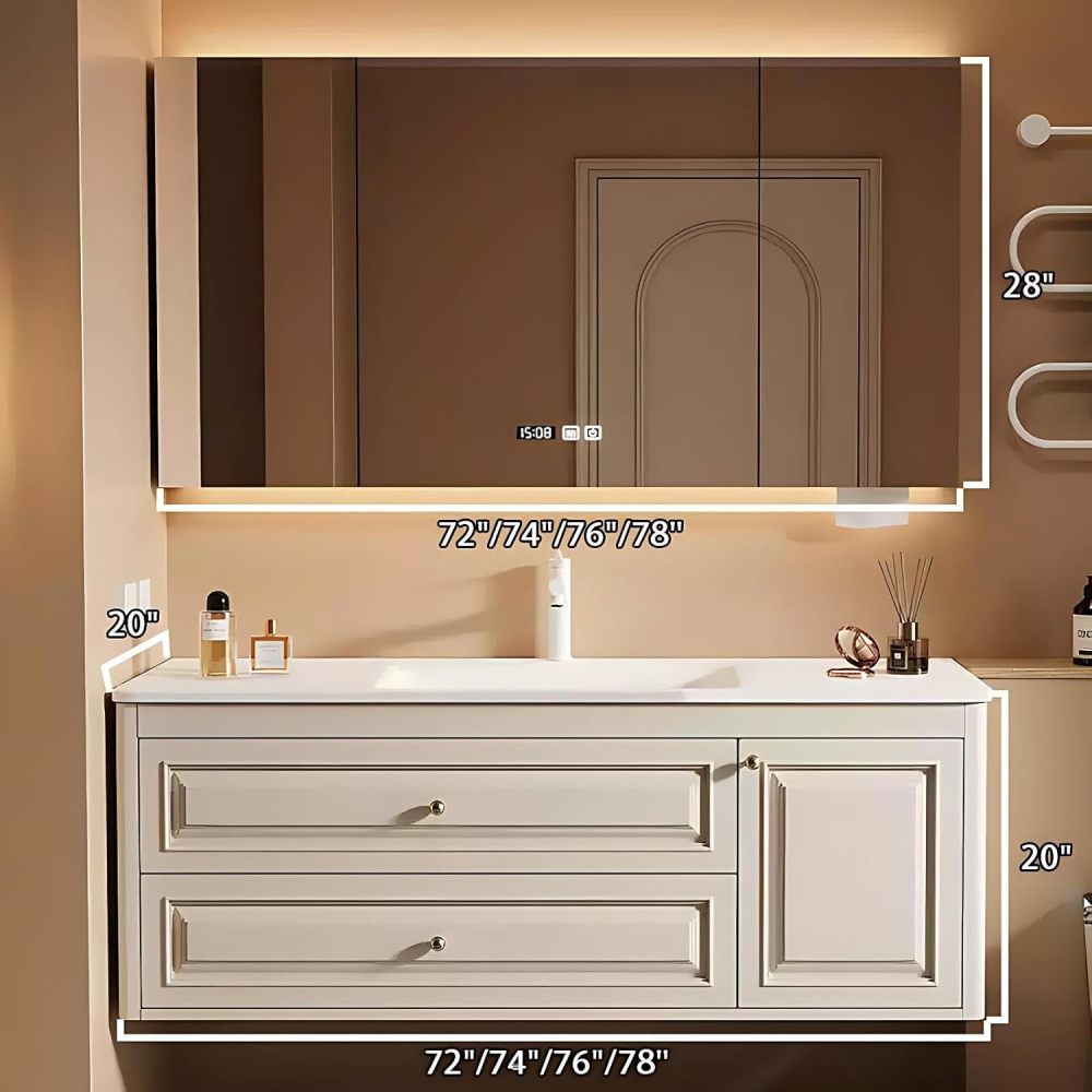 72IN Bathroom Vanity with Sink - Bathroom Vanity with Anti-Fog Mirror & Seamless Basin, Multi-Layer Waterproof Coating, Complete Accessorie, Fully Assembled, White