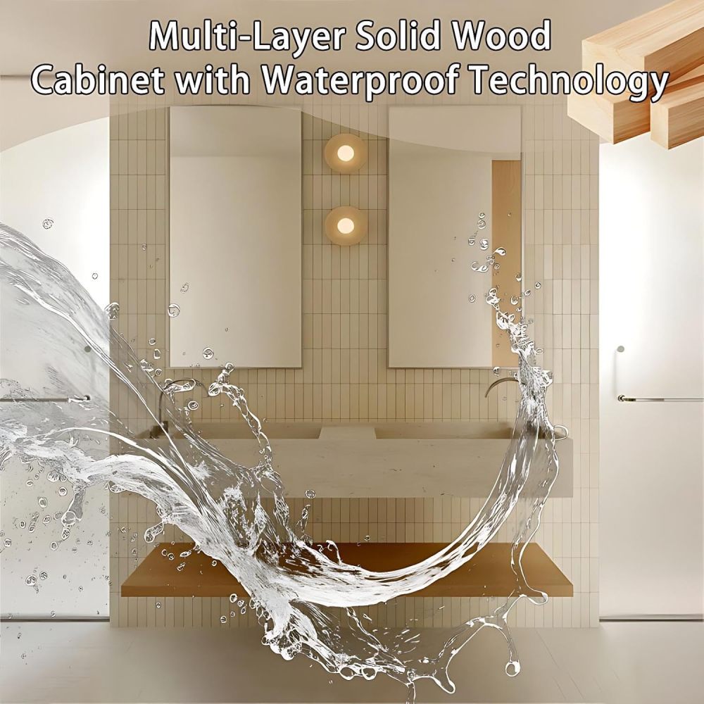 60IN Double Sink Bathroom Vanity - Simple Bathroom Vanity with Smart Defogging Mirror, One-Touch Defog & Lighting, Sink Cabinet with Open Shelving, Complete Accessories, Off-White