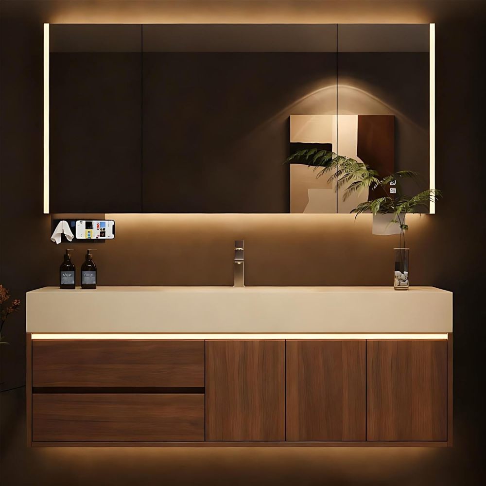 72IN Bathroom Vanity with Sink - Wall-Mounted Bathroom Vanity with Seamless Basin, Smart Anti-Fog LED Mirror, Waterproof Coating, Complete Accessories, Fully Assembled, Wood