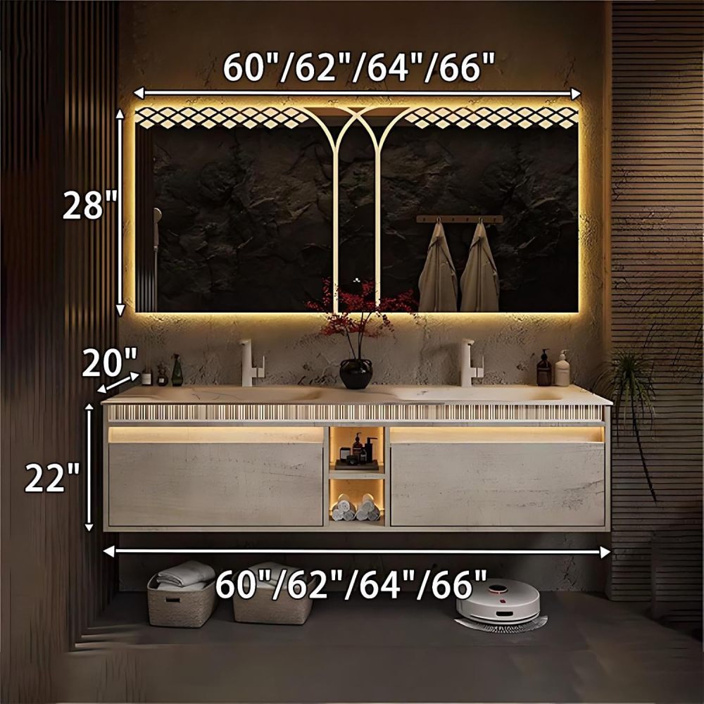 60IN Double Sink Bathroom Vanity - Luxury Bathroom Vanity with Smart Defogger Mirror, One-Touch Defog & Lighting, Sink Cabinet with 2 Drawers & Open Storage Compartments, White