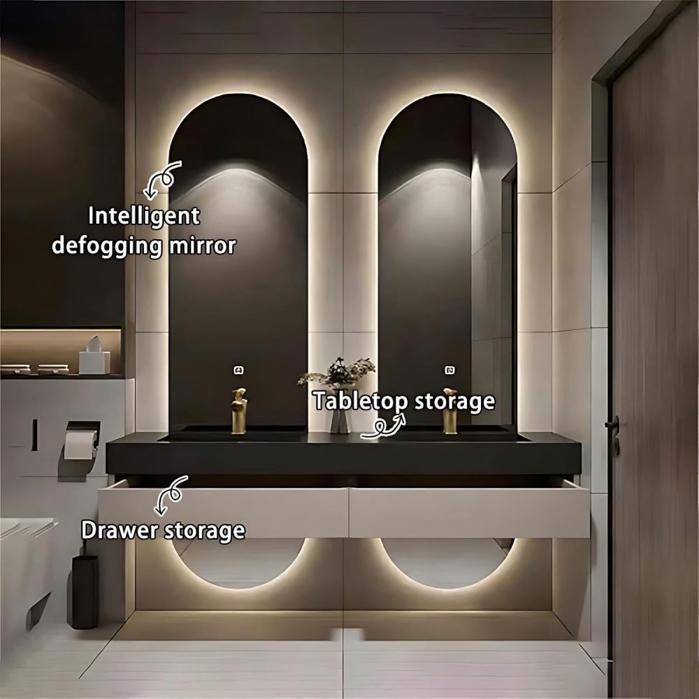 60IN Double Sink Bathroom Vanity - Floating Bathroom Vanity with 2 Smart Defogger Mirror & 2 Drawers, One-Touch Defog & Lighting, Modern Sink Cabinet, Khaki - Mirror