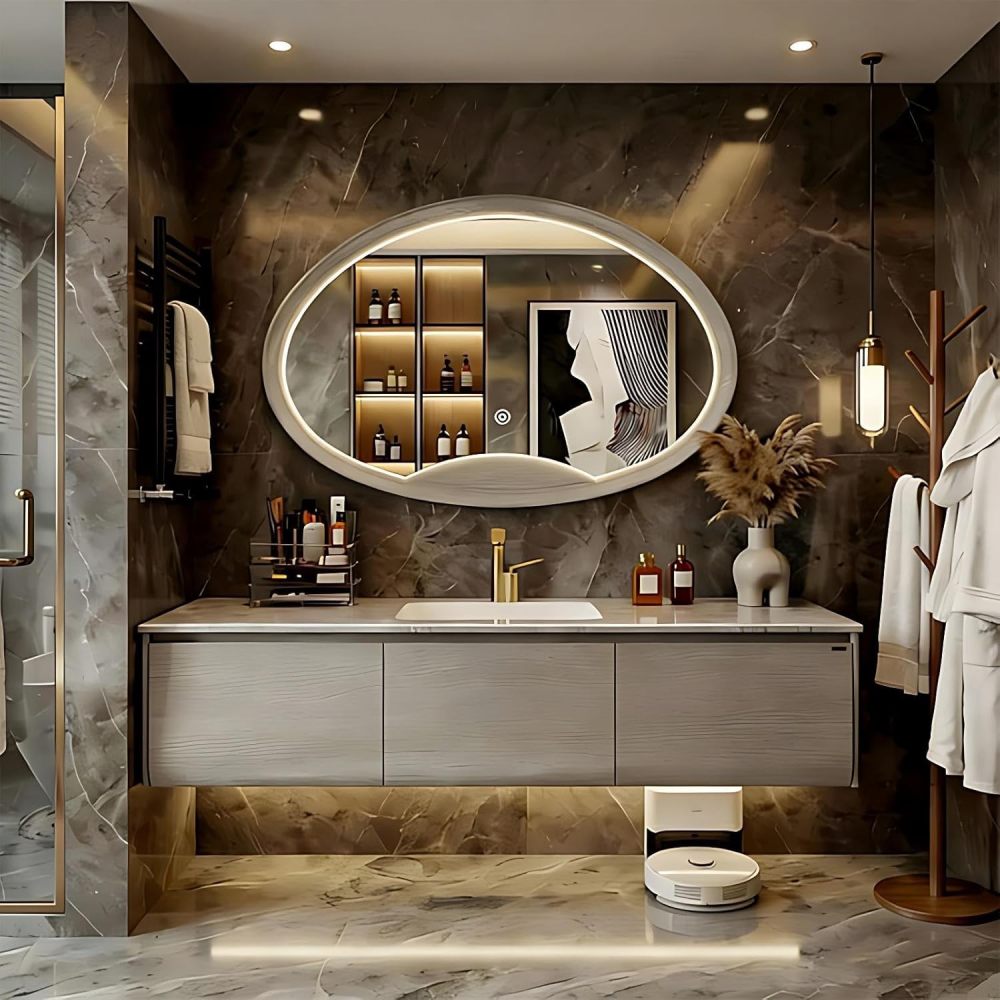 60IN Bathroom Vanity - Bathroom Vanity with Smart Defog Mirror, One-Touch Defog & Lighting, Floating Sink Cabinet with 3 Drawers, Multi-Layer Solid Wood, Wood