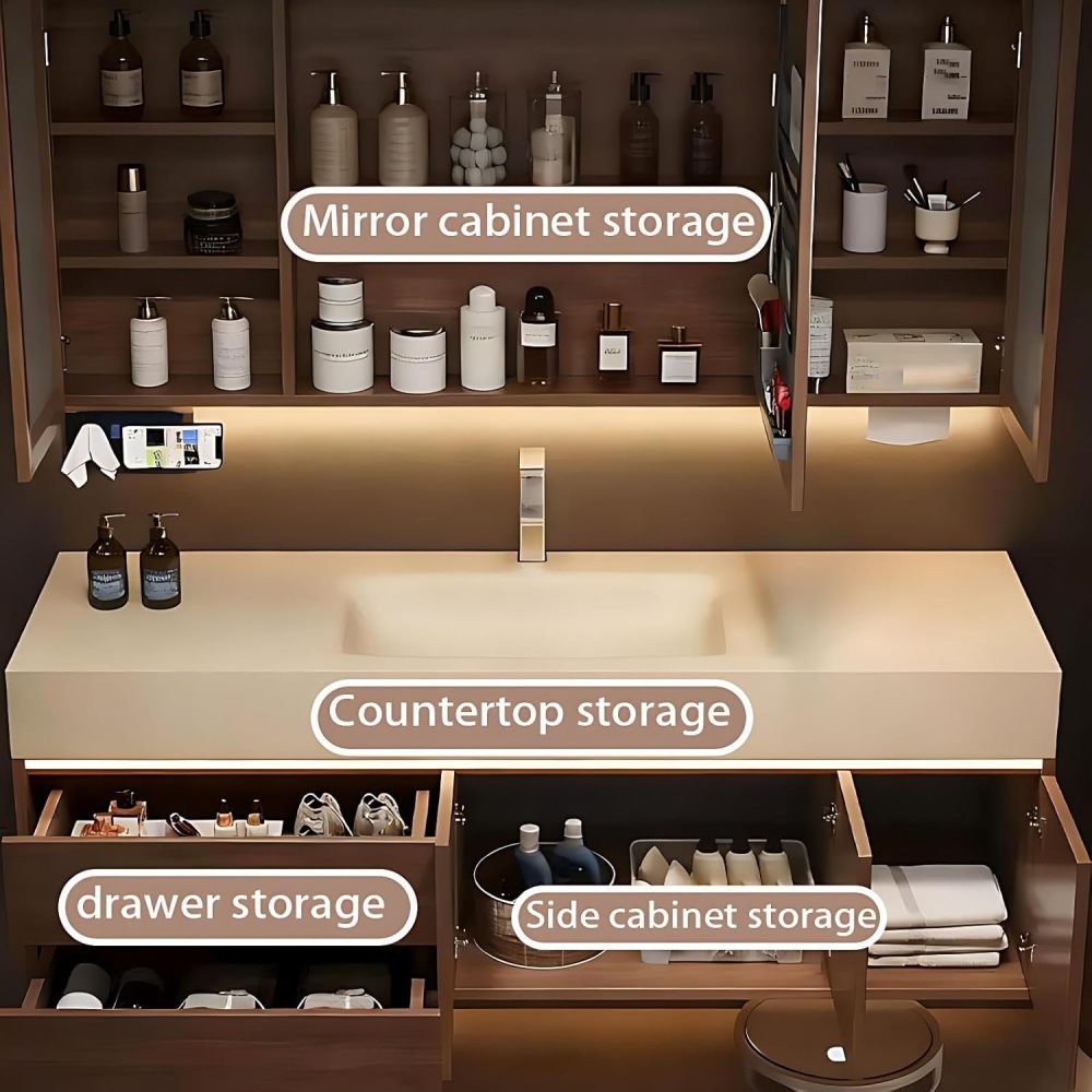 72IN Bathroom Vanity with Sink - Wall-Mounted Bathroom Vanity with Seamless Basin, Smart Anti-Fog LED Mirror, Waterproof Coating, Complete Accessories, Fully Assembled, Wood