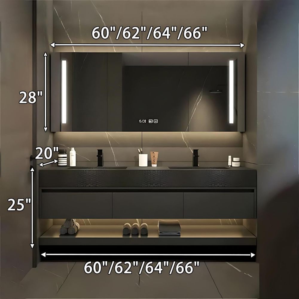 60IN Double Sink Bathroom Vanity - Modern Bathroom Vanity with Anti-Fog Mirror Cabinet, One-Touch Defog & Lighting, Sink Cabinet with 3 Drawers & Open Storage Space, Wood