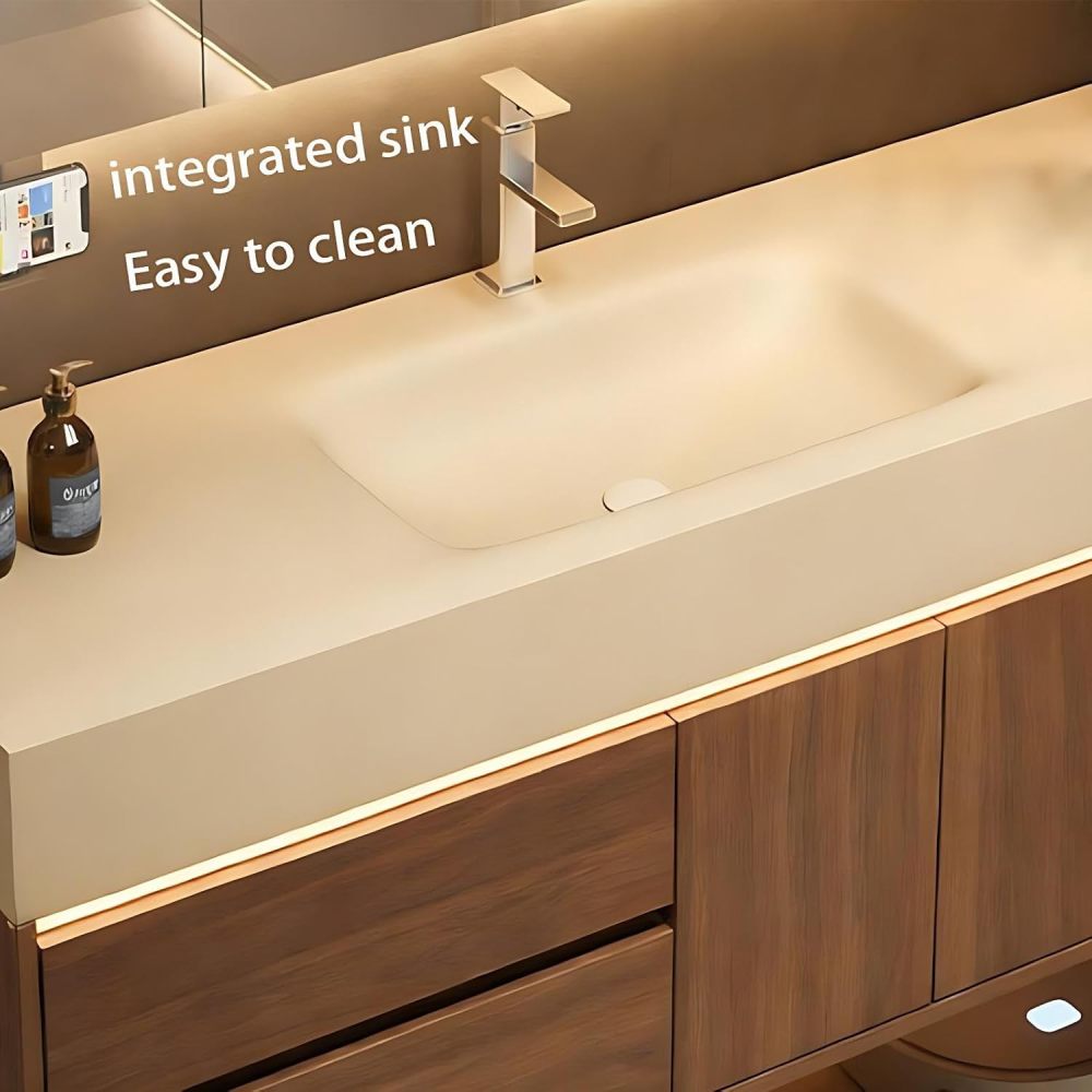72IN Bathroom Vanity with Sink - Wall-Mounted Bathroom Vanity with Seamless Basin, Smart Anti-Fog LED Mirror, Waterproof Coating, Complete Accessories, Fully Assembled, Wood