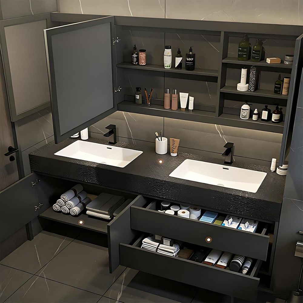60IN Double Sink Bathroom Vanity - Luxury Bathroom Vanity with Anti-Fog Mirror Cabinet, One-Touch Defog & Lighting, Floating Sink Cabinet with 2 Drawers & 2 Doors, Black